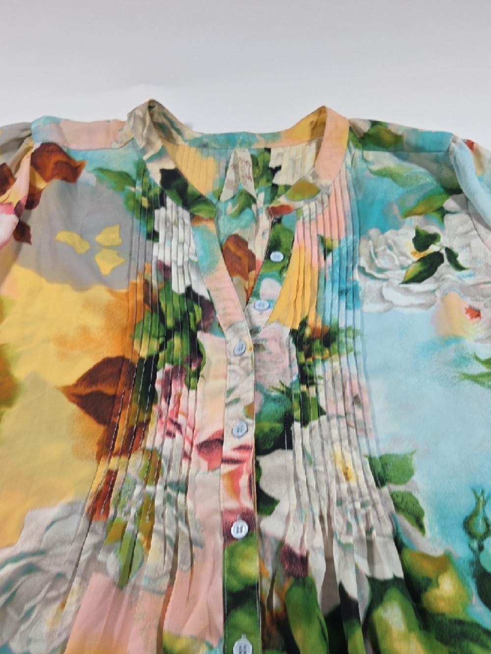 Seven 7 Floral Pleated Button-Up Tunic Top Pastel Multi V Neck Spring Lighweight - Picture 5 of 11